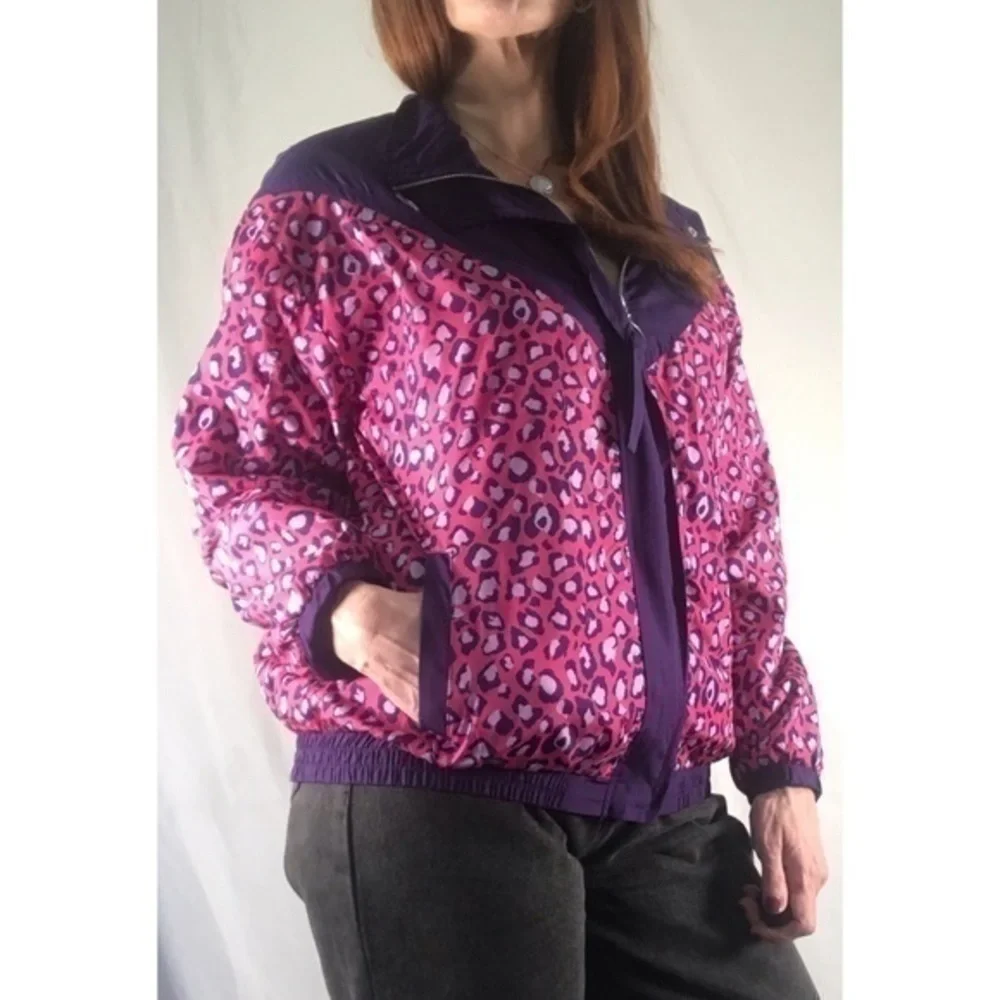 90’e Vintage ‘1 Sunset Lane’ Multicolor Leopard Print Windbreaker Jacket